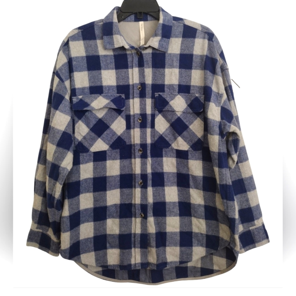 The Group Babaton Aritzia Blue White Plaid Button-Up Fleece Shirt Size Medium